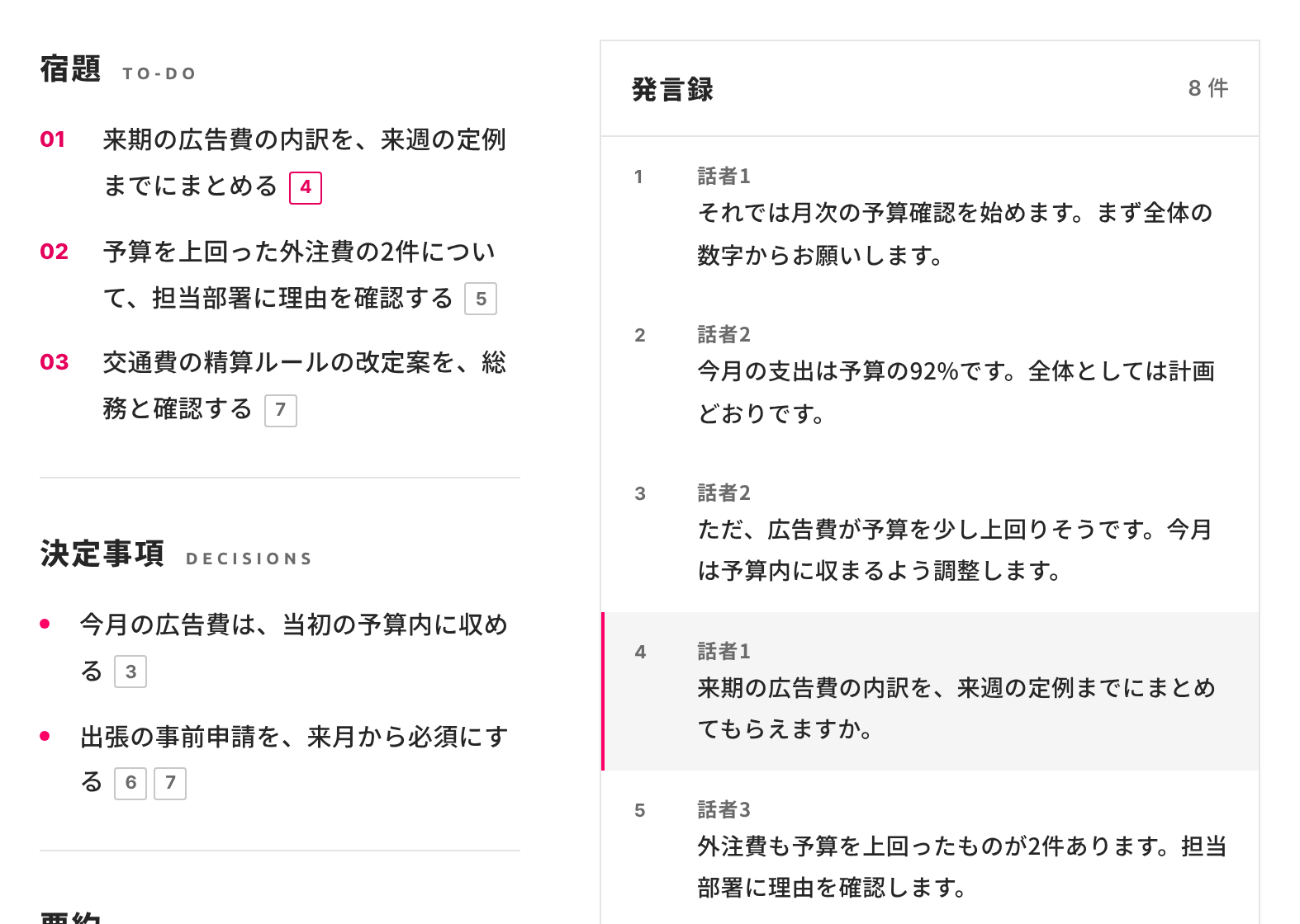 宿題・決定事項の各項目に、もとになった発言の番号が付き、右の発言録で該当の発言が強調される